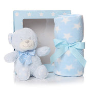 Blue Baby Blanket & Plush Teddy Bear Gift Set  Boy New Born Christening Gift