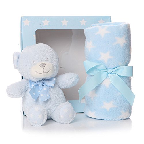 Blue Baby Blanket & Plush Teddy Bear Gift Set  Boy New Born Christening Gift