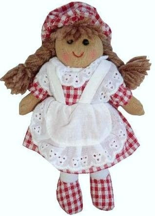 ragdoll with red check dress and hat and gift bag