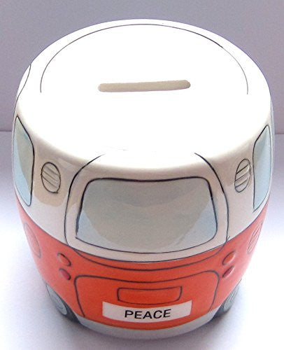 White and Orange Ceramic Camper Van Money Box with 'PEACE' on the Front