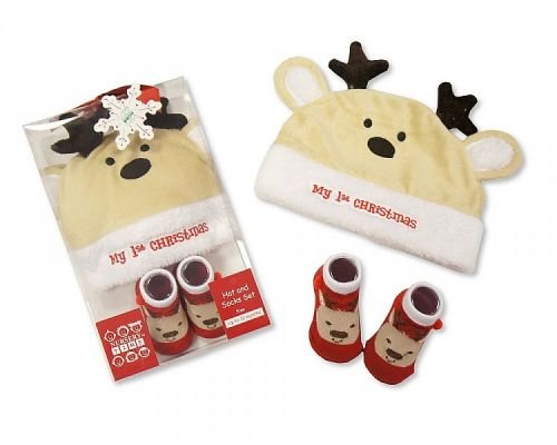 Baby Hat and Socks Christmas Gift Set - Reindeer
