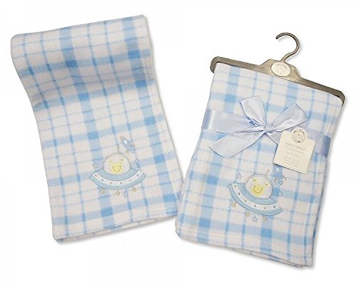 Brand New Snuggle Baby Fleece Baby Wrap Blanket Blue & White Check with Spaceship Design