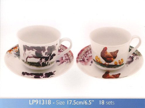 Macneil Studios Farmyard China Cup & Saucer in Picture Gift Box Cow Horse & Foal Hen Sheep