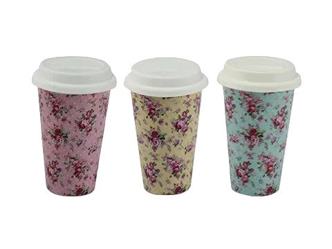 Ditsy Rose Double Walled Insulated Ceramic Travel Mugs - 1 x Colour on Random Basis