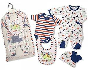 Brand New Baby Boys 5piece Gift Set Sleepsuit, Vest, Bib, Hat & Mitts Hungry Dinosaur 3 sizes (3-6mths)