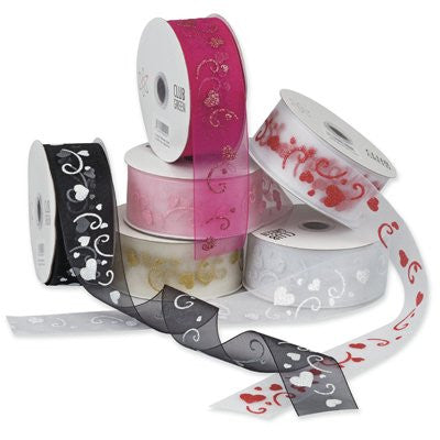 FUCHSIA/SILVER ORGANZA GLITTER HEART RIBBON - 38MM X 10 Mt FROM CLUB GREEN