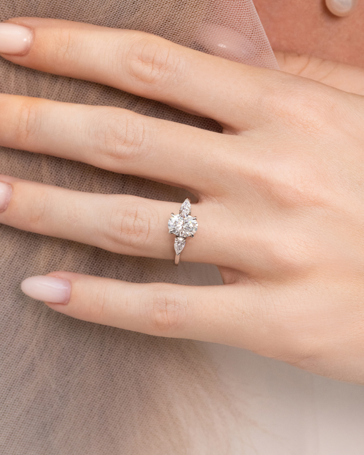 2 ct Oval Moissanite Three Stone Engagement Ring in Sterling Silver