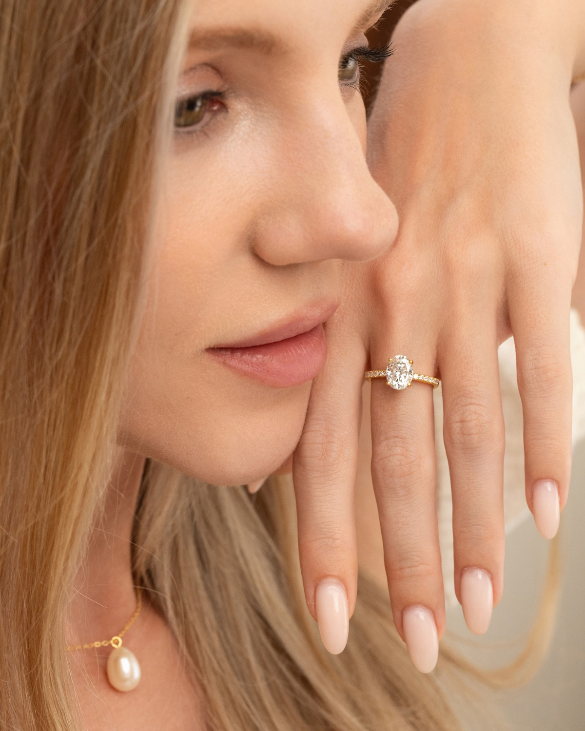 2 ct Oval Solitaire Moissanite Engagement Ring with Pavé Band in 18k Gold Vermeil