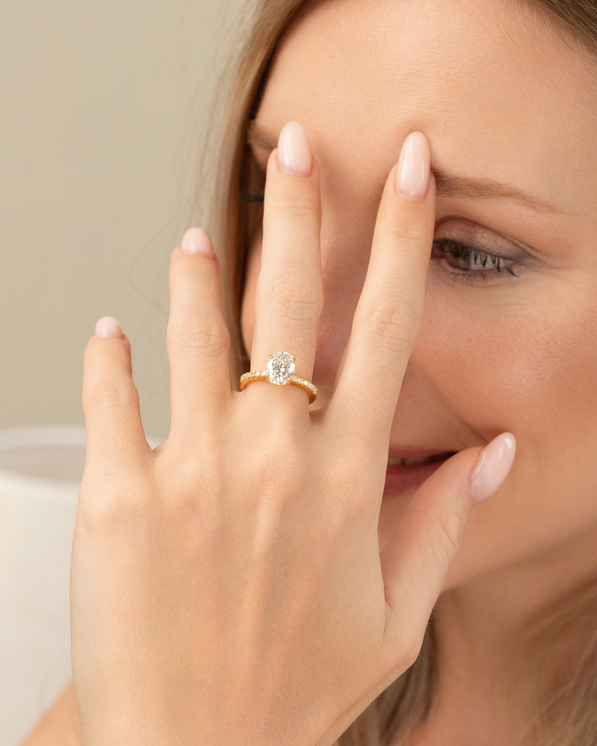 2 ct Oval Solitaire Moissanite Engagement Ring with Pavé Band in 18k Gold Vermeil