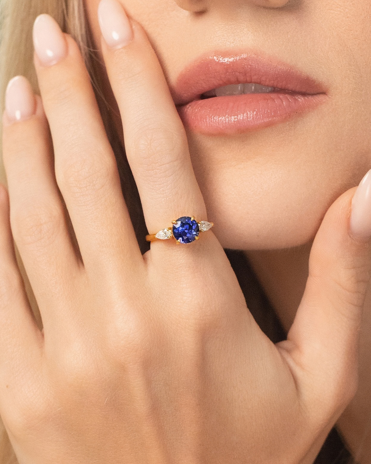 Blue Sapphire Round Cut Three Stone Engagement Ring in 18k Gold Vermeil