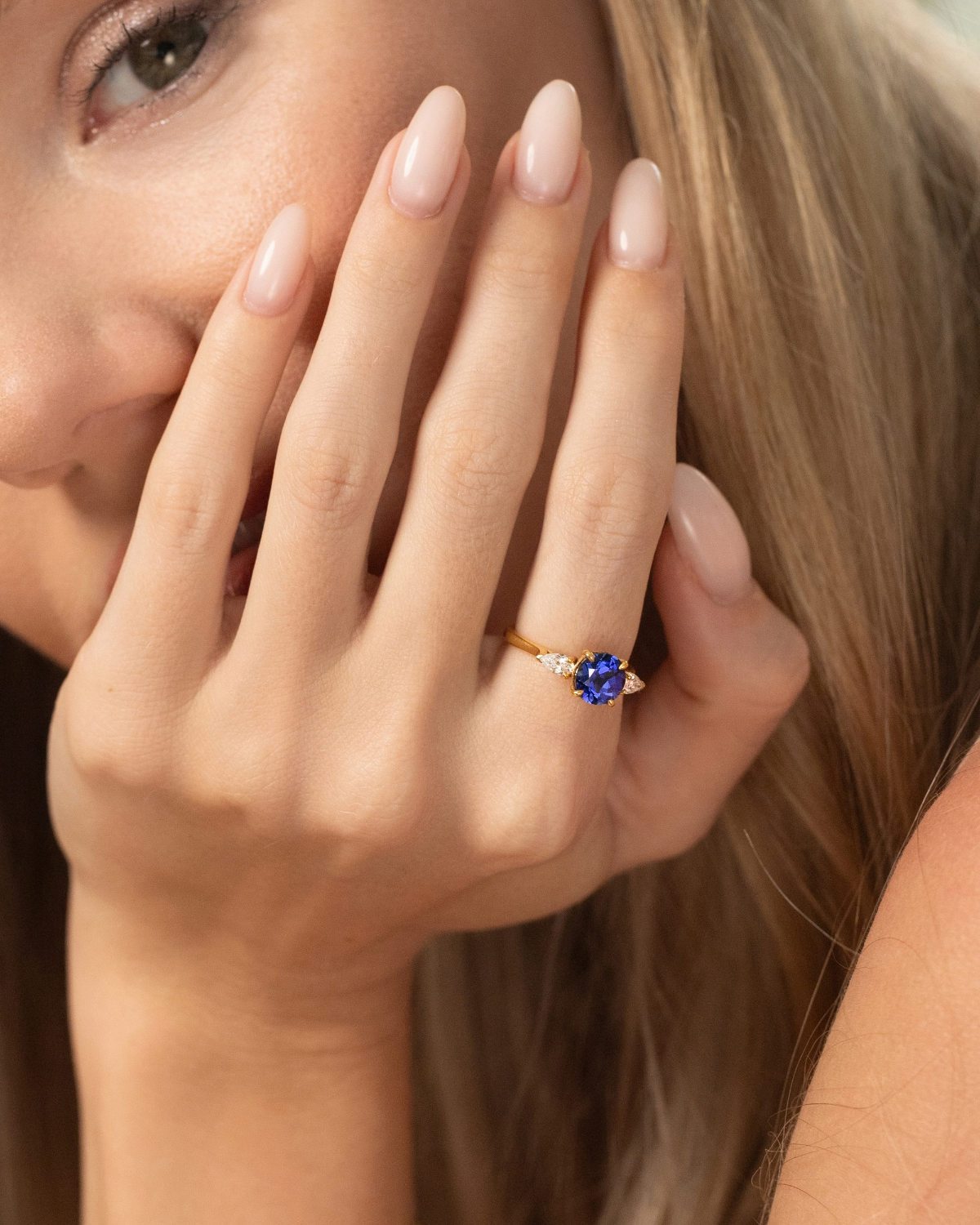 Blue Sapphire Round Cut Three Stone Engagement Ring in 18k Gold Vermeil