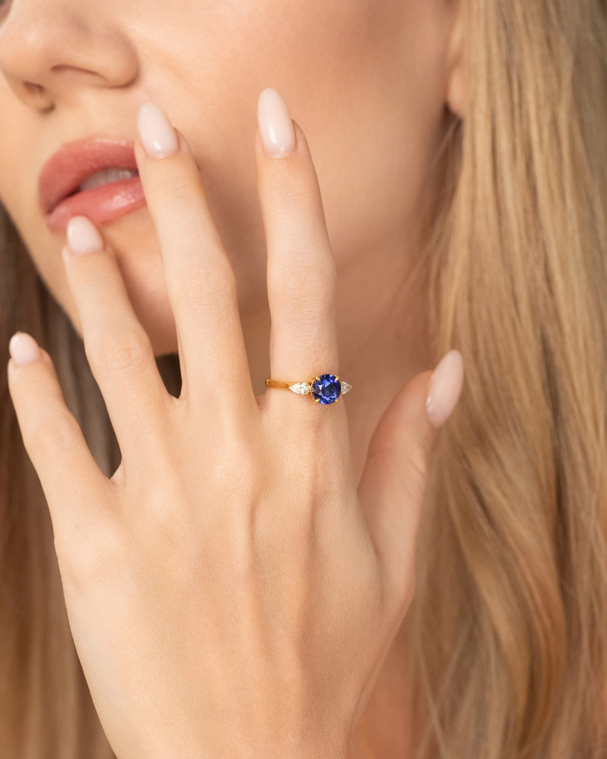 Blue Sapphire Round Cut Three Stone Engagement Ring in 18k Gold Vermeil