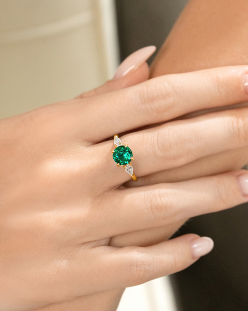 Emerald Round Cut Three Stone Engagement Ring in 18k Gold Vermeil