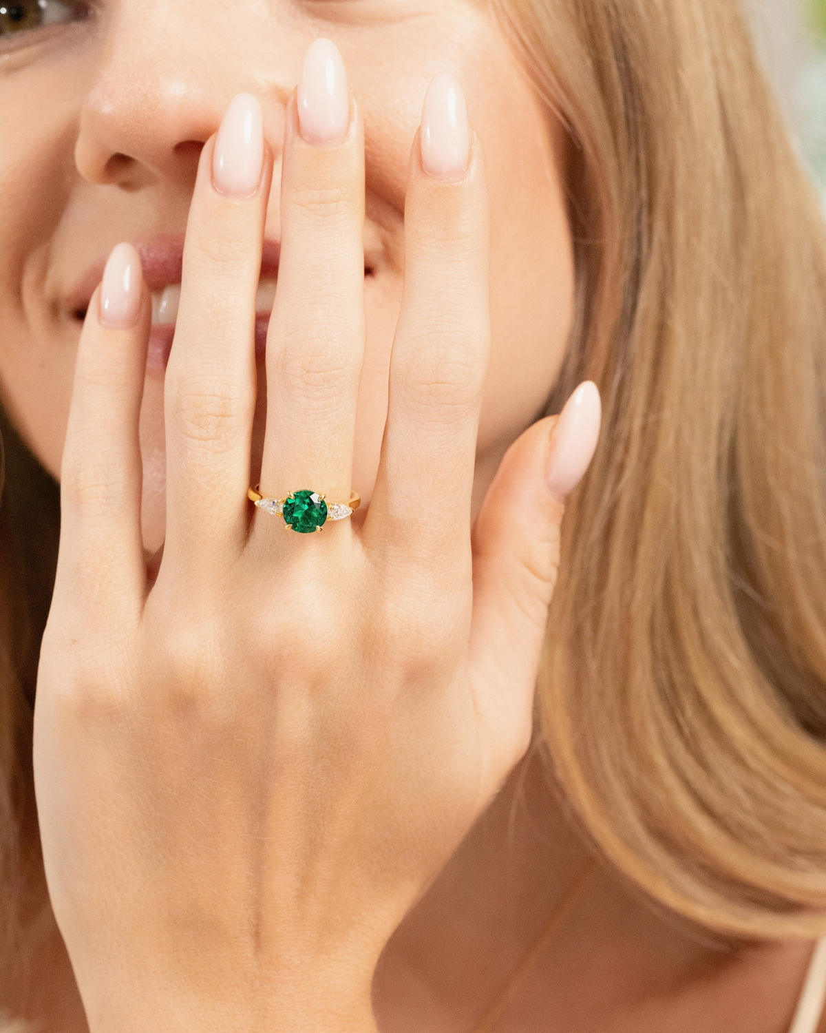 Emerald Round Cut Three Stone Engagement Ring in 18k Gold Vermeil