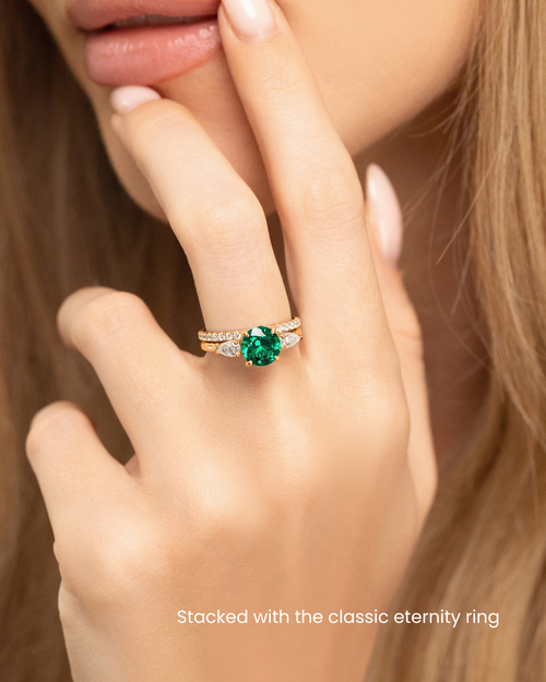 Emerald Round Cut Three Stone Engagement Ring in 18k Gold Vermeil