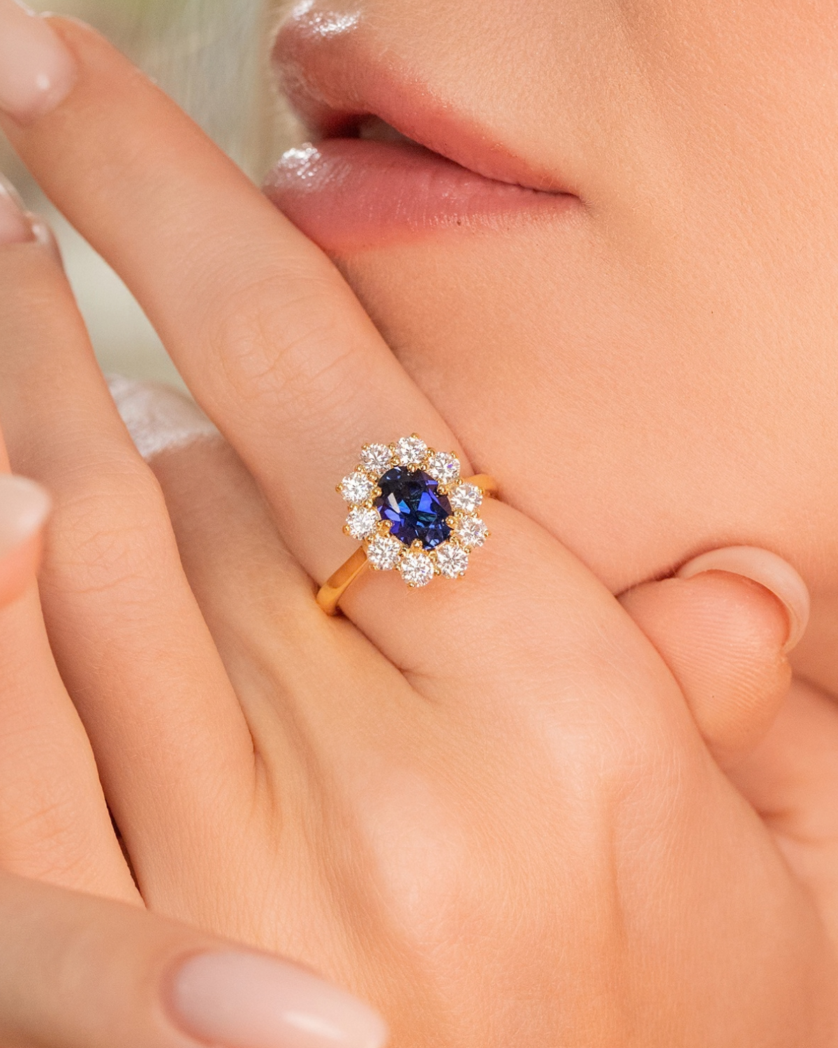 Blue Sapphire Halo Engagement Ring in 18k Gold Vermeil