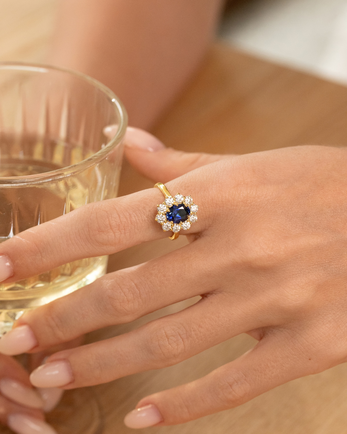 Blue Sapphire Halo Engagement Ring in 18k Gold Vermeil