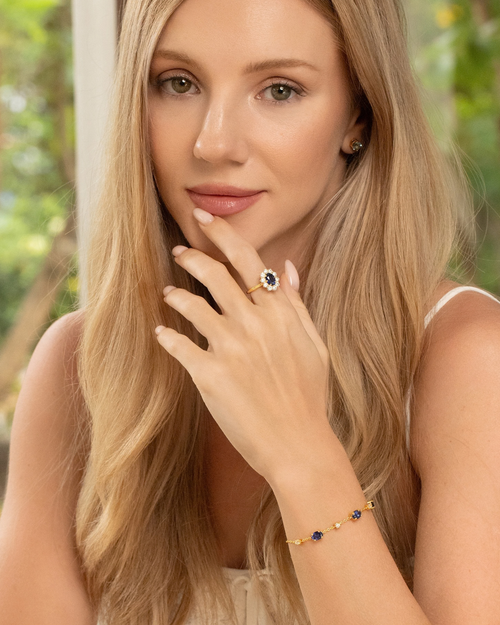 Blue Sapphire Halo Engagement Ring in 18k Gold Vermeil