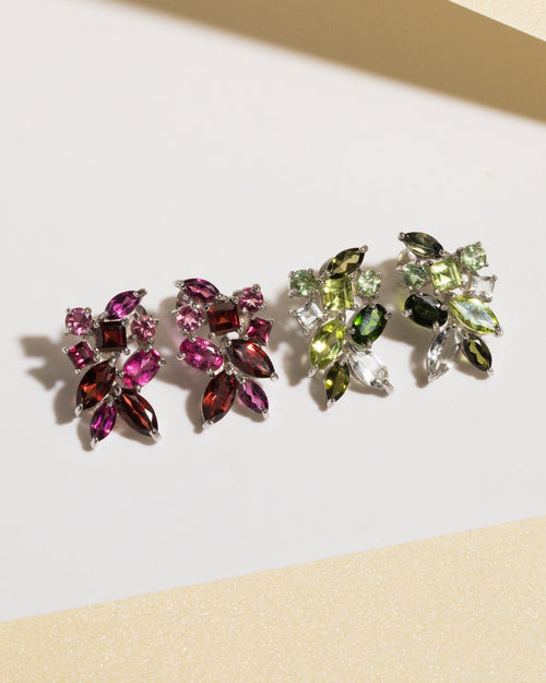 Large Green Gemstone Cluster Earrings in Sterling Silver