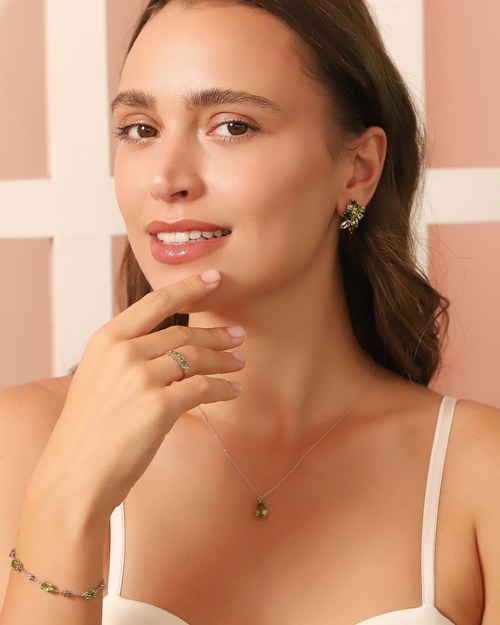 Emerald & Peridot Pear Cut Pendant Necklace in Sterling Silver