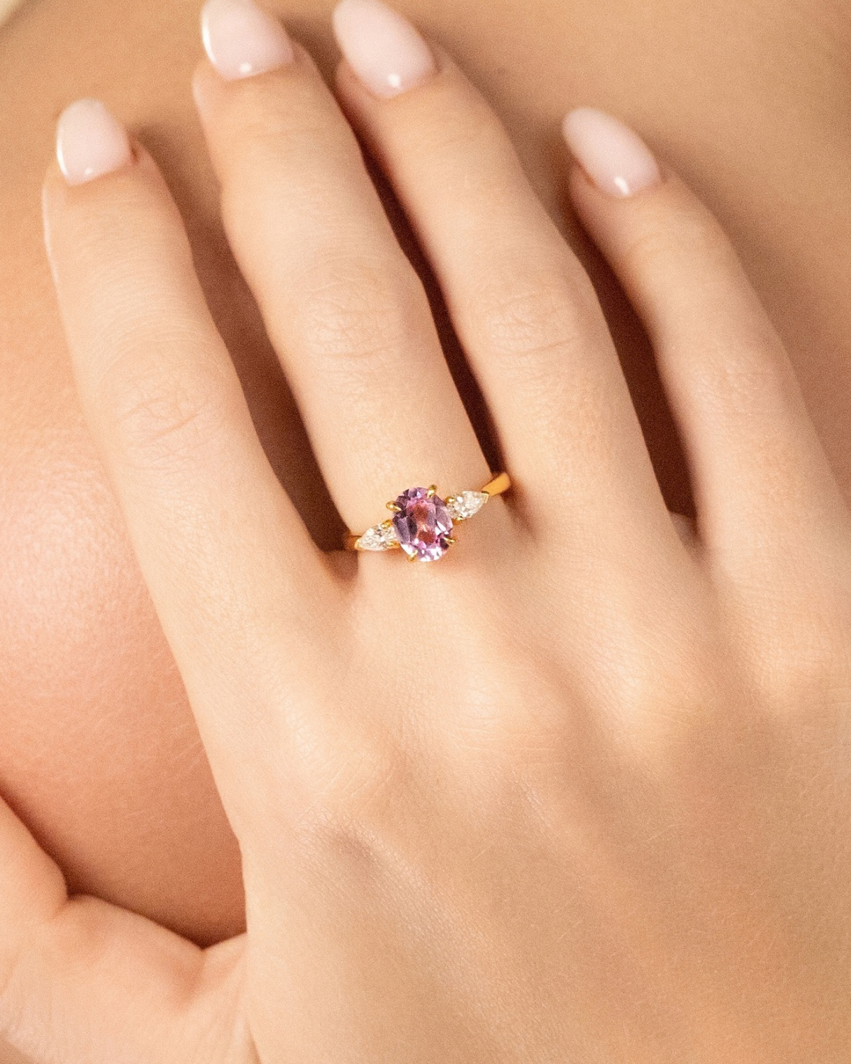 Pink Sapphire Oval Cut Three Stone Engagement Ring in 18k Gold Vermeil