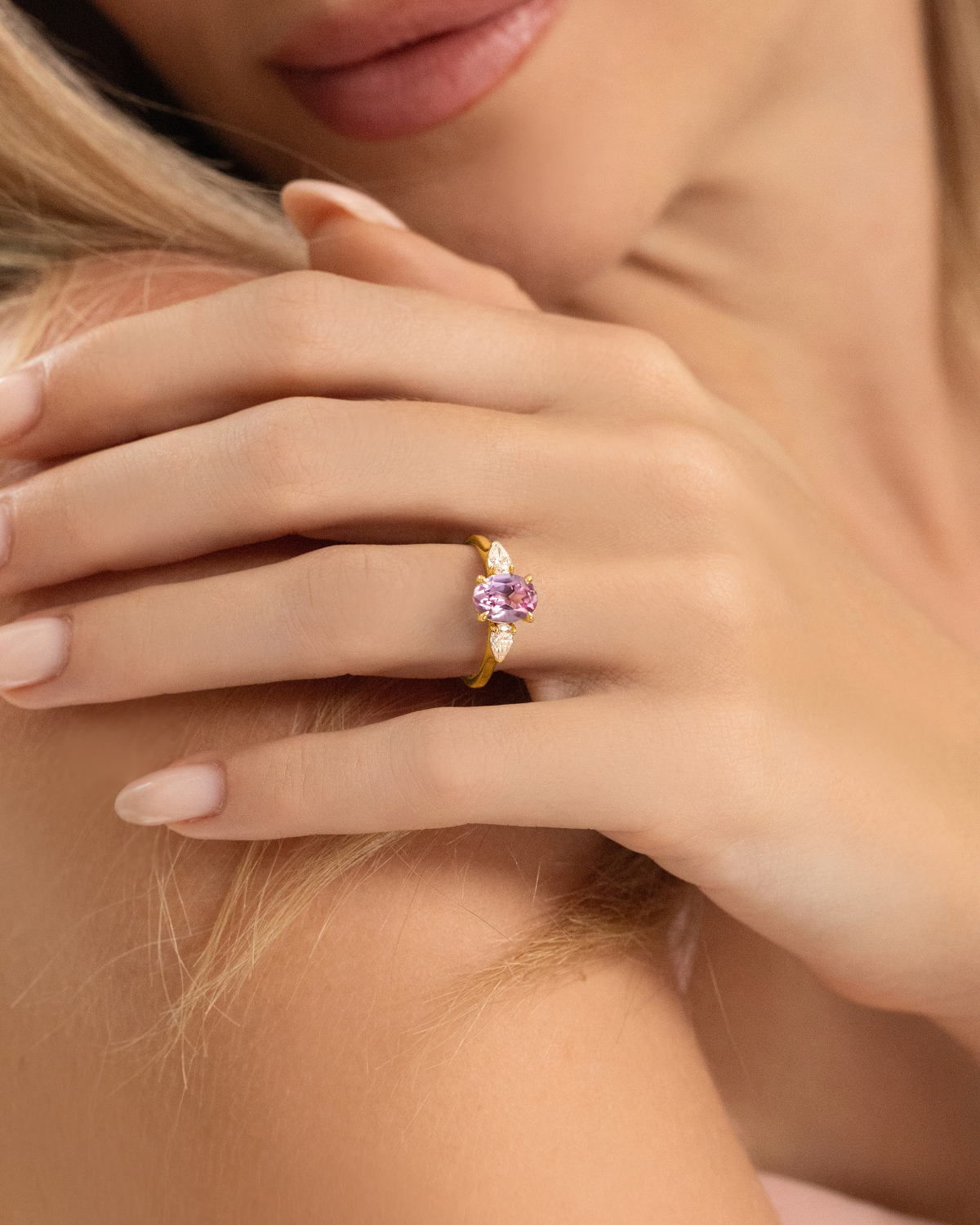Pink Sapphire Oval Cut Three Stone Engagement Ring in 18k Gold Vermeil