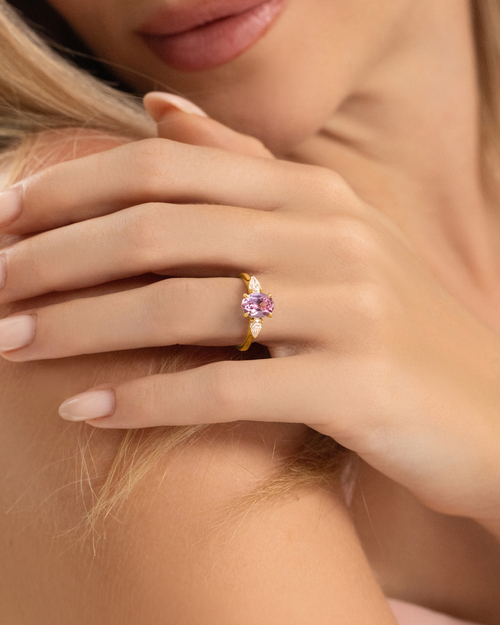 Pink Sapphire Oval Cut Three Stone Engagement Ring in 18k Gold Vermeil