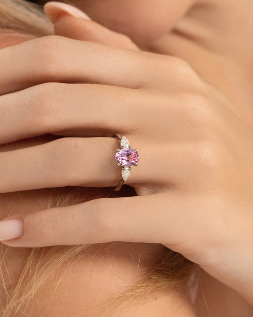 Pink Sapphire Oval Cut Three Stone Engagement Ring in Sterling Silver