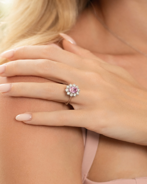 Pink Sapphire Halo Engagement Ring in Sterling Silver