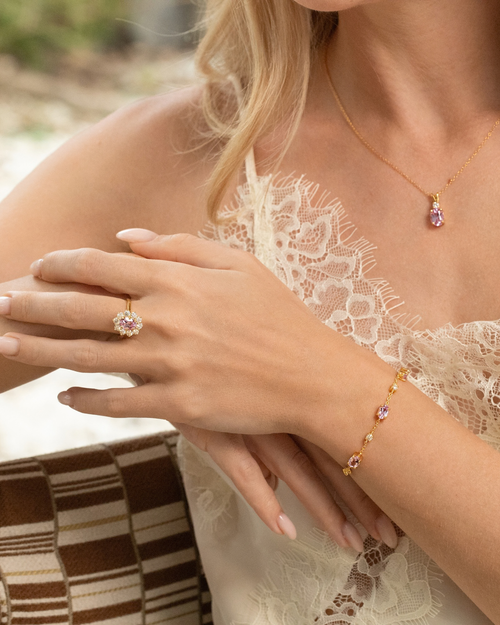 Pink Sapphire Halo Engagement Ring in 18k Gold Vermeil