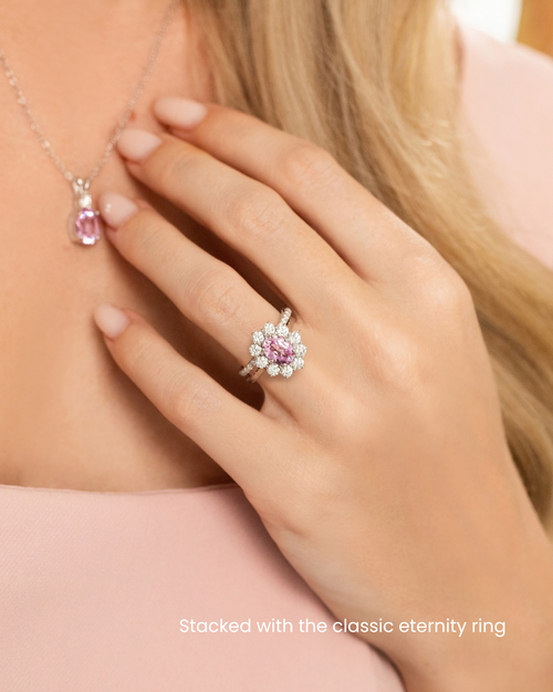 Pink Sapphire Halo Engagement Ring in Sterling Silver
