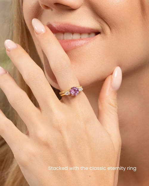 Pink Sapphire Round Cut Three Stone Engagement Ring in 18k Gold Vermeil