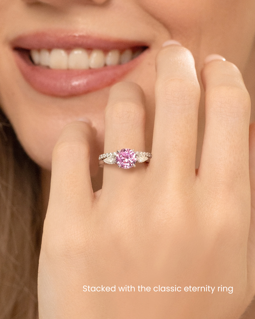 Pink Sapphire Round Cut Three Stone Engagement Ring in Sterling Silver