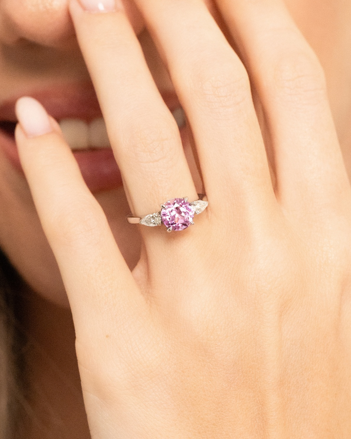 Pink Sapphire Round Cut Three Stone Engagement Ring in Sterling Silver