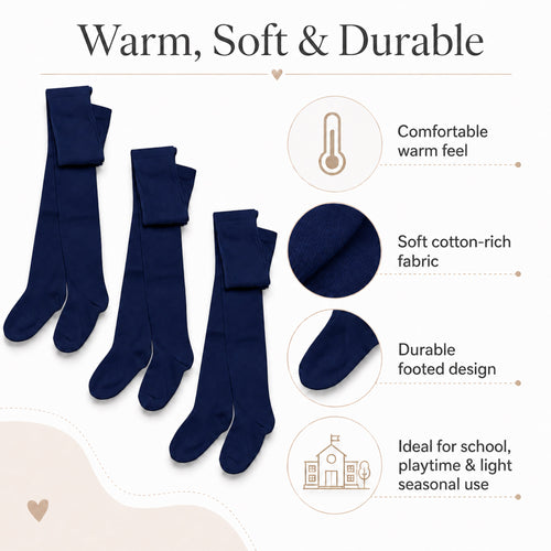 Sock Stack Girls Cotton Lycra Tights 3 Pairs Cotton Rich Back To School Uniform Reinforced Heel Toe Multipack Value