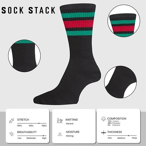 Sock Stack Mens Stripes Sport Crew Socks Cotton Durable Blend 5 Pack For Training Running