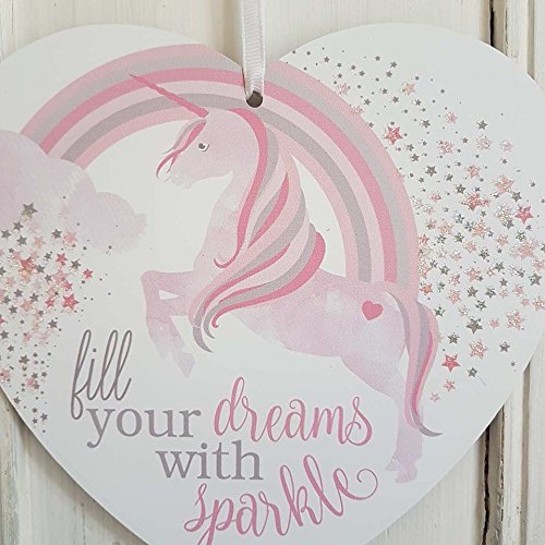 SET OF 2 MAGICAL WISHES AND UNICORN KISSES FILL YOUR DREAMS RAINBOW SPARKLY HEART PLAQUES