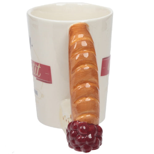 Ceramic Tea or Coffee Mug with Baguette Shaped Handle, Bon Appetit Slogan. Comes in a Gift Box