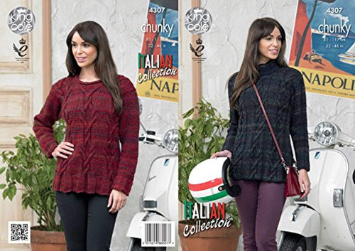 King Cole Ladies Venice Chunky Knitting Pattern Cable Detail Polo or V Neck Sweater Jumper (4307)