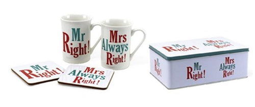 Mr Right & Mrs Always Right Mugs and Coasters Set in Gift Tin
