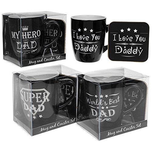Worlds Best Dad Mug &amp; Coaster Set 4 variants one supplied from stock