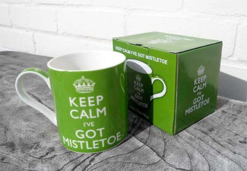 Christmas Mug - KEEP CALM I'VE GOT MISTLETOE - Green & White Fine China Mug Presented In A Gift Box