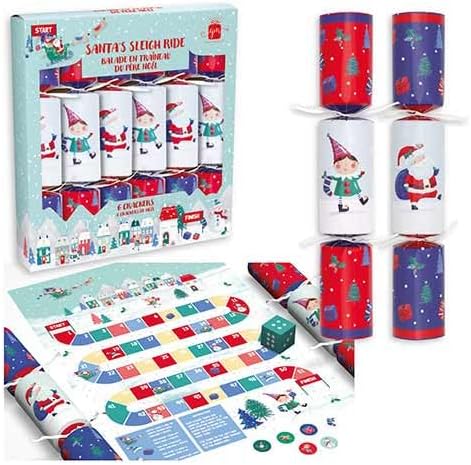 Design Group Santa’s Sleigh Ride Game Christmas Crackers 30cm – Pack of 6 Festive Crackers with Hats, Jokes & Mini Game – Plastic-Free Christmas Table...