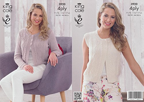 King Cole 4 Ply Pattern – 3920 Womens Long Sleeved Cable Knit Cardigan and Waistcoat