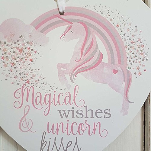 SET OF 2 MAGICAL WISHES AND UNICORN KISSES FILL YOUR DREAMS RAINBOW SPARKLY HEART PLAQUES