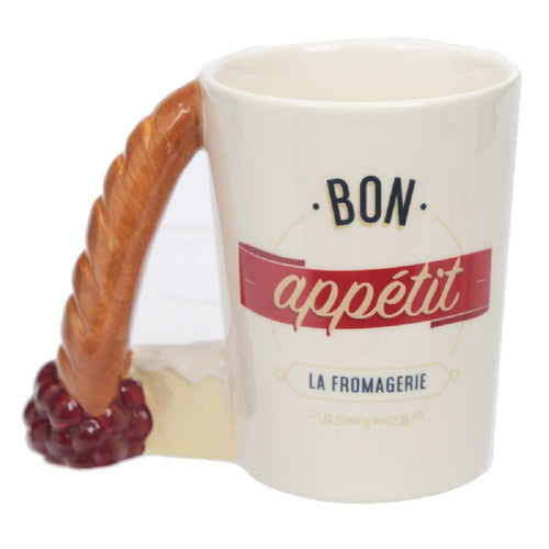 Ceramic Tea or Coffee Mug with Baguette Shaped Handle, Bon Appetit Slogan. Comes in a Gift Box