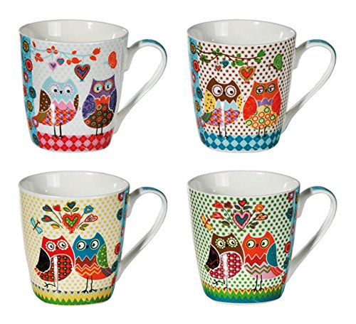 New Bone - 4 porcelain mugs, owl design, 8.5 x 9 cm; coffee/tea mug, coffee cup;