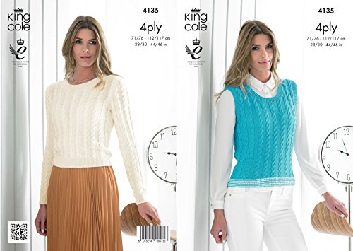 King Cole 4135 Knitting Pattern Ladies Cabled Sweater and Slipover to knit in King Cole Bamboo 4 Ply