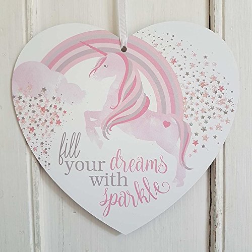 SET OF 2 MAGICAL WISHES AND UNICORN KISSES FILL YOUR DREAMS RAINBOW SPARKLY HEART PLAQUES