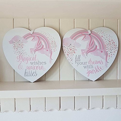 SET OF 2 MAGICAL WISHES AND UNICORN KISSES FILL YOUR DREAMS RAINBOW SPARKLY HEART PLAQUES